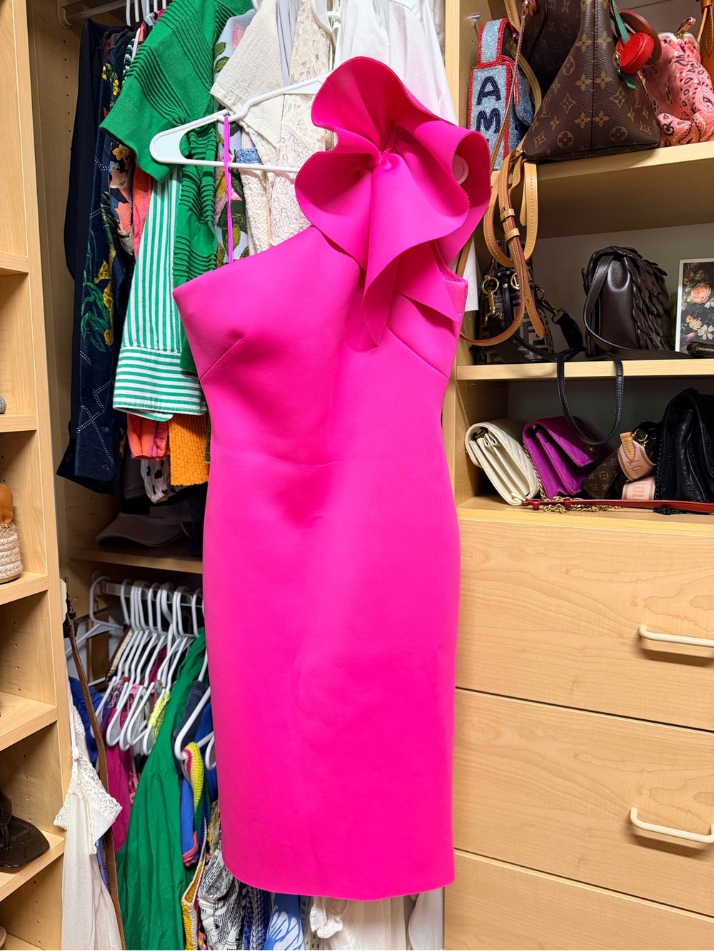 Eliza J One-Shoulder Ruffle Sheath Dress in Bright Pink